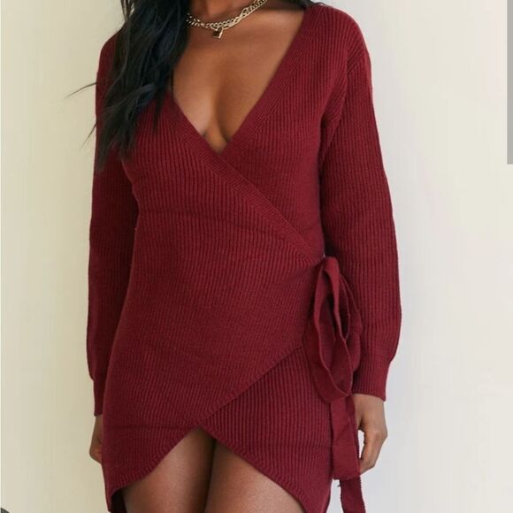Princess Polly Burgundy Red Phenix Wrap Mini Sweater Dress Women's Size XS/S - Picture 4 of 10